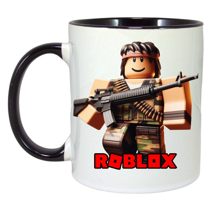 Cana personalizata cu Roblox Puterea Pizza, Cri-Flo, Ceramica, 330ml. Maner si interior Negru