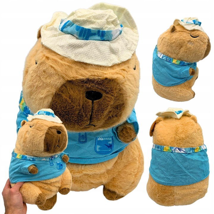 Kapibara plüssjáték, SkibiStore, 30cm, inggel és kalappal, bézs színű
