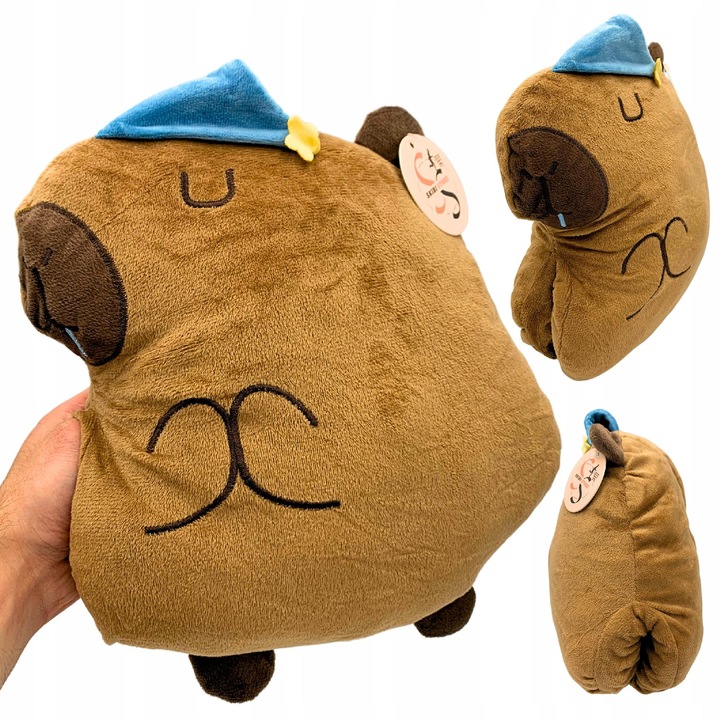 Плюшена играчка Капибара, 35 см, бежова със синя шапка, комплект