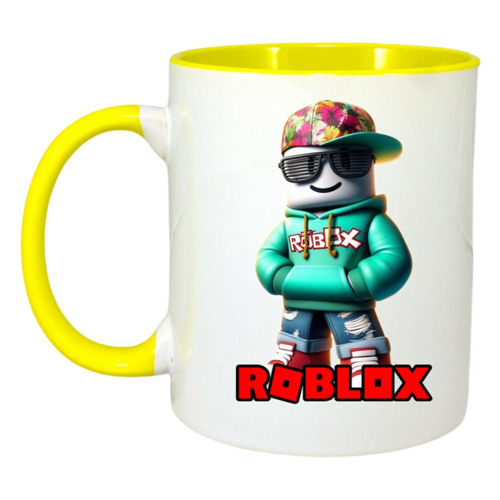 Cana personalizata cu Roblox Masinistul Pixelat, Cri-Flo, Ceramica, 330ml. Maner si interior Galben