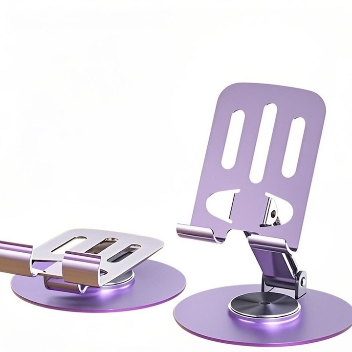 360°-ban forgatható telefontartó, kompakt kialakítás, fém anyag, 4-8 hüvelykes telefonokkal kompatibilis, lila színű
