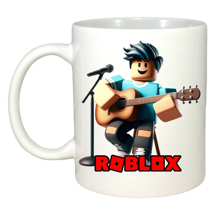 Cana personalizata cu Roblox Rockstarul Pixelat, Cri-Flo, Ceramica, 330ml. Maner si interior Alb
