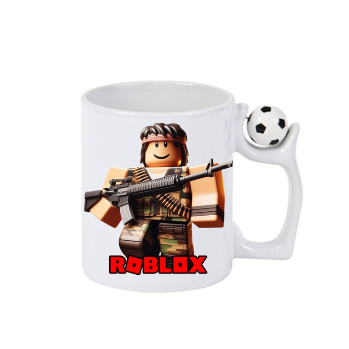 Cana personalizata cu Roblox Puterea Pizza, Cri-Flo, Ceramica, 330ml. Minge rotativa antistres, Maner si interior Alb-Negru