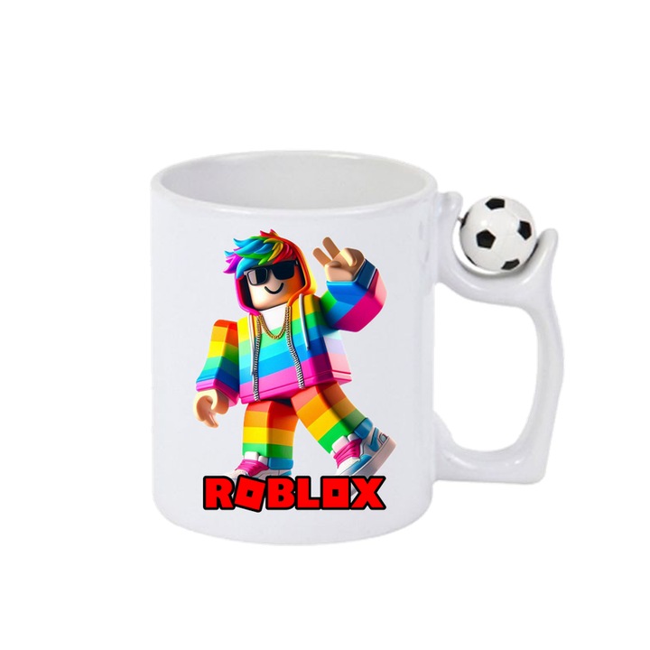Cana personalizata cu Roblox Razboinicul Ninja, Cri-Flo, Ceramica, 330ml. Minge rotativa antistres, Maner si interior Alb-Negru