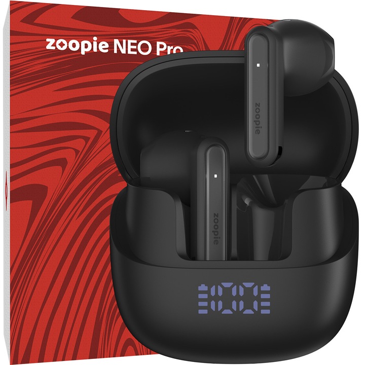 Casti wireless cu noise cancelling, Zoopie®, ANC & ENC, Casti Bluetooth 5.4, fara fir, in ear, audio Hi-Fi, bass, microfon HD dual, handsfree, moduri ANC & Transparency & Gaming, sport, telefon universal, control touch, afisaj LED, NEO Pro, negru