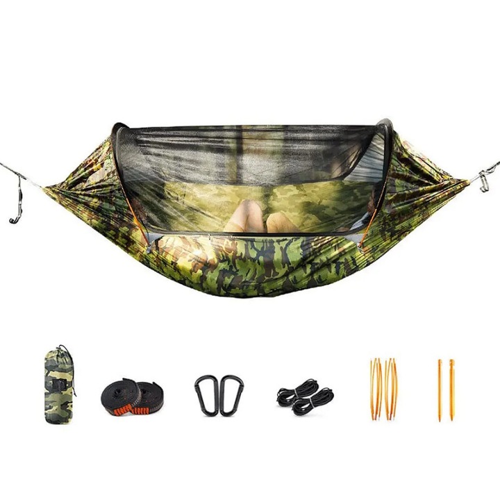 Двойна хамак-палатка с автоматична мрежа против насекоми и алуминиеви пръти Kepeak 260x140 см – Camo (CM015MSQAU)