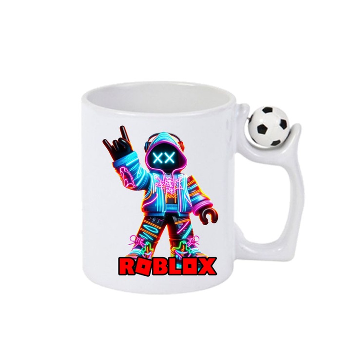 Cana personalizata cu Roblox Blaster Pixelat, Cri-Flo, Ceramica, 330ml. Minge rotativa antistres, Maner si interior Alb-Negru