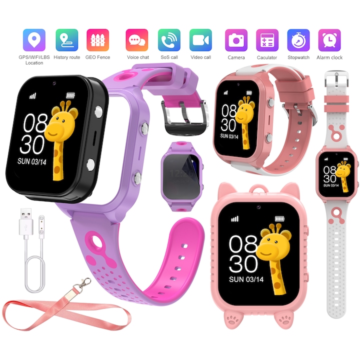 LikeSmart™ KinderCare 56 Детски GPS смарт часовник, GPS наблюдение, WIFI, 1.83", HD камера, видео разговори, SOS бутон, училищен режим, GeoFence, шпионско наблюдение, 2 каишки, връзка за връзка, силиконов калъф за висулка, лилав