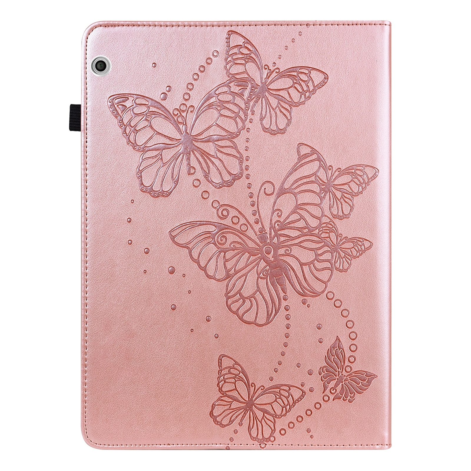 Husa tableta pentru Huawei MediaPad T3 10 9.6 inch, piele PU, design cu fluturi gravati, tip carte cu suport, inchidere magnetica, roz