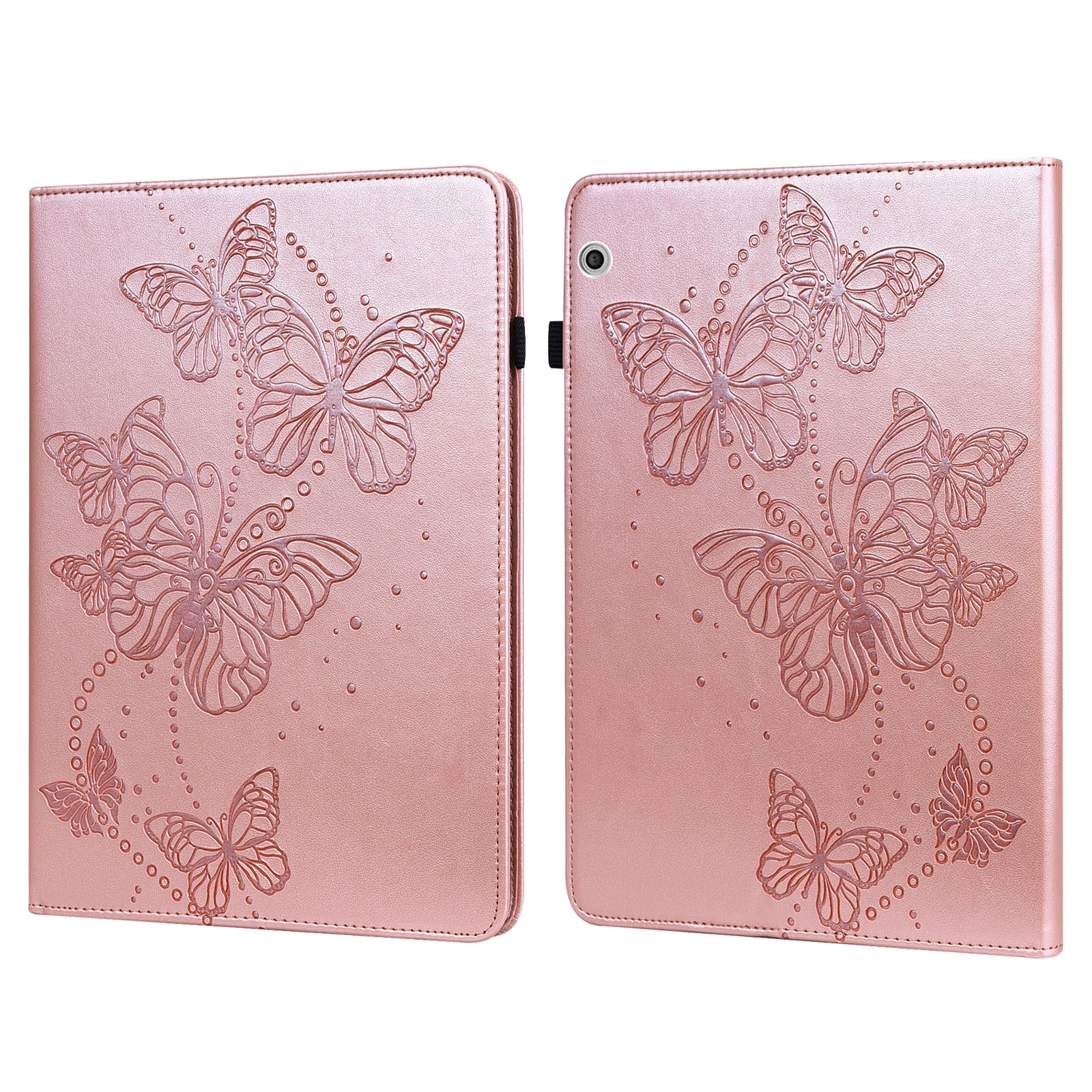 Husa tableta pentru Huawei MediaPad T3 10 9.6 inch, piele PU, design cu fluturi gravati, tip carte cu suport, inchidere magnetica, roz