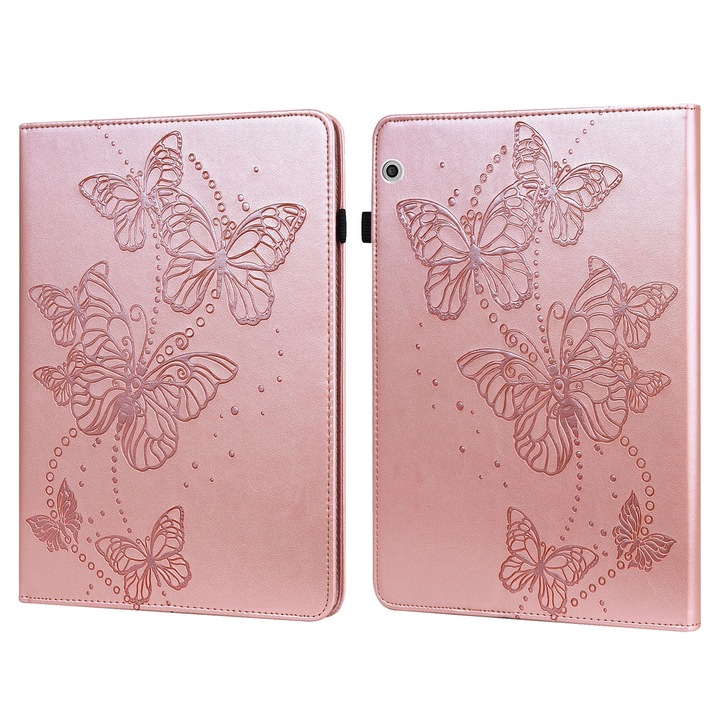 Husa tableta pentru Huawei MediaPad T3 10 9.6 inch, piele PU, design cu fluturi gravati, tip carte cu suport, inchidere magnetica, roz