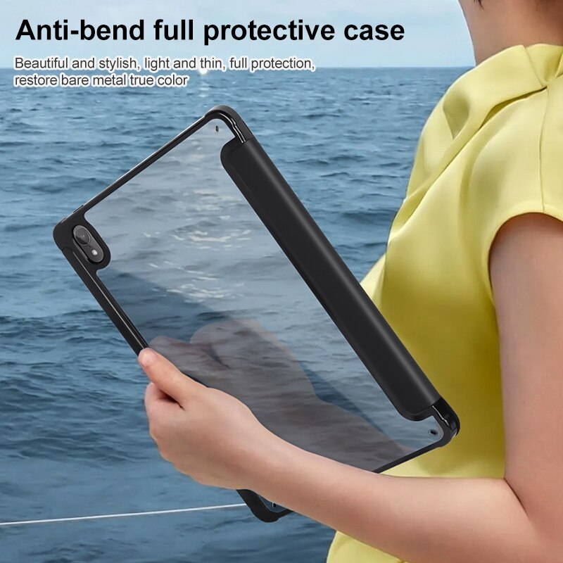 Husa tableta pentru Huawei MatePad Air 11.5 inch, acril transparent, piele, tip carte 3 pliuri, auto sleep/wake, protectie anti-zgarieturi, negru