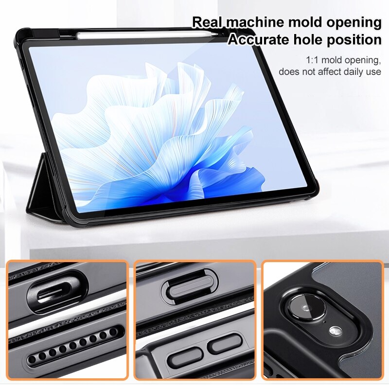 Husa tableta pentru Huawei MatePad Air 11.5 inch, acril transparent, piele, tip carte 3 pliuri, auto sleep/wake, protectie anti-zgarieturi, negru