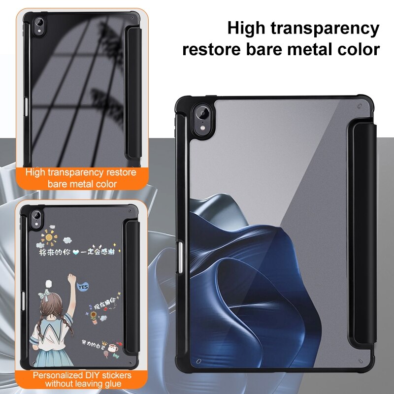 Husa tableta pentru Huawei MatePad Air 11.5 inch, acril transparent, piele, tip carte 3 pliuri, auto sleep/wake, protectie anti-zgarieturi, negru