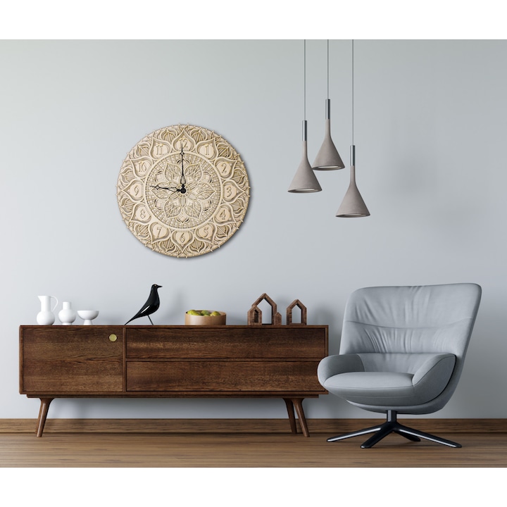 Ceas de perete Mandala, decoratiune 3D pentru perete, diametru 70 cm, natural