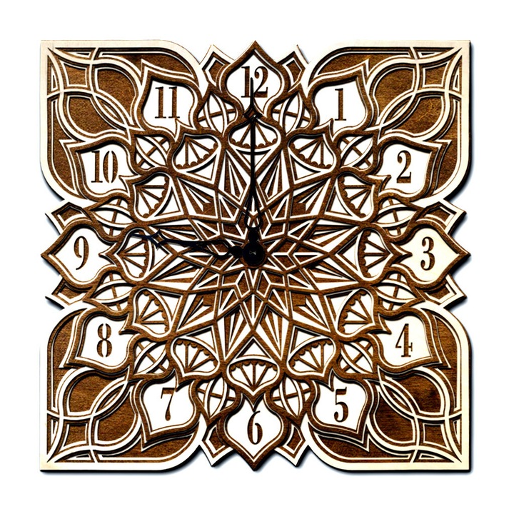 Ceas cu straturi Mandala Cube, decoratiune de perete 3D, 70 x 70 cm, abanos