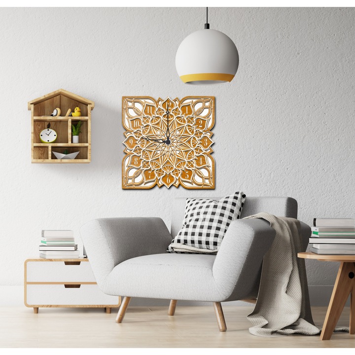 Ceas cub Mandala, decoratiune de perete 3D, 70 x 70 cm, lemn de tec