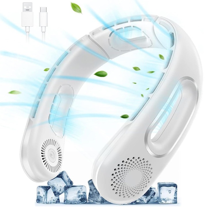 Вентилатор за врата, мини преносим вентилатор за врата, модерен вентилатор, вентилатор за врата без остриета, за мъже и жени, спортове на открито, 4 скорости на вятъра, презареждаем с USB, 5200mAh, бял