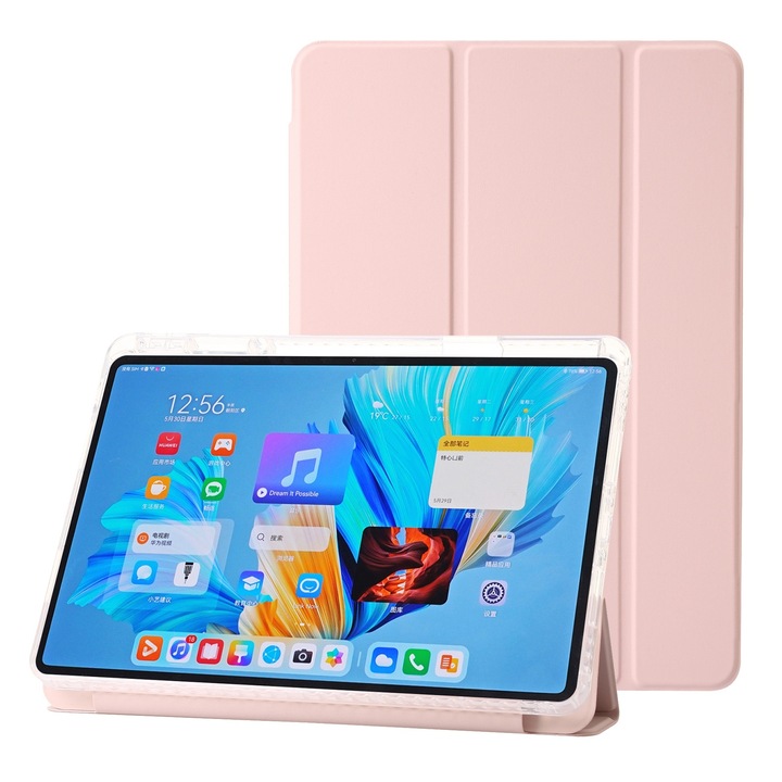 Husa tableta pentru Huawei MatePad 11.5, acril transparent, tip carte cu 3 plieri, piele, auto sleep/wake, protectie anti-zgarieturi, roz