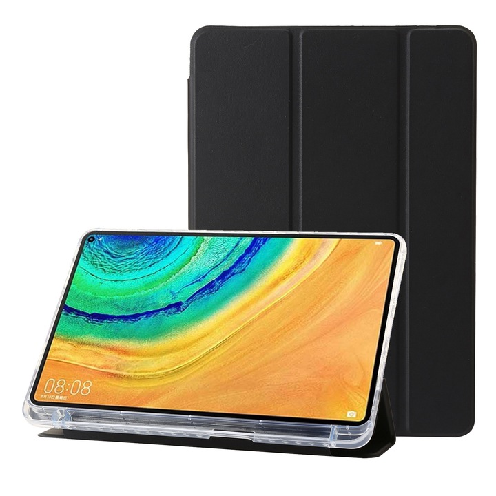 Husa tableta pentru Huawei MatePad 10.4, acril transparent, tip carte cu 3 plieri, protectie completa, acces la porturi, Negru