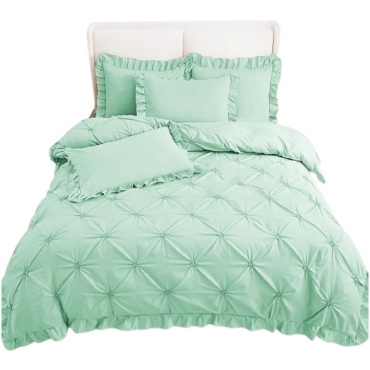 Lenjerie de pat 4 piese din bumbac finetat cu pliuri brodate si volanase cod P11