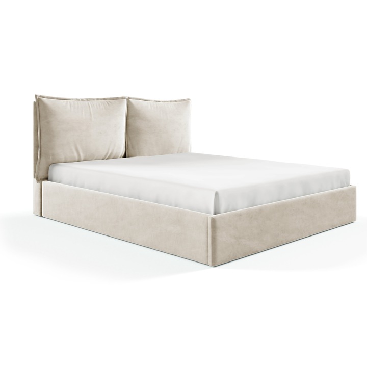 Pat cu saltea 180x200, Sofello, metalic, cu suport pentru lenjerie, bej