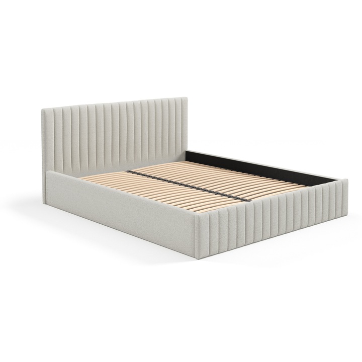 Pat tapicerat Sofello SOLA 200x200cm, metalic, cu suport pentru lenjerie, tesatura BOUCLE, ecru