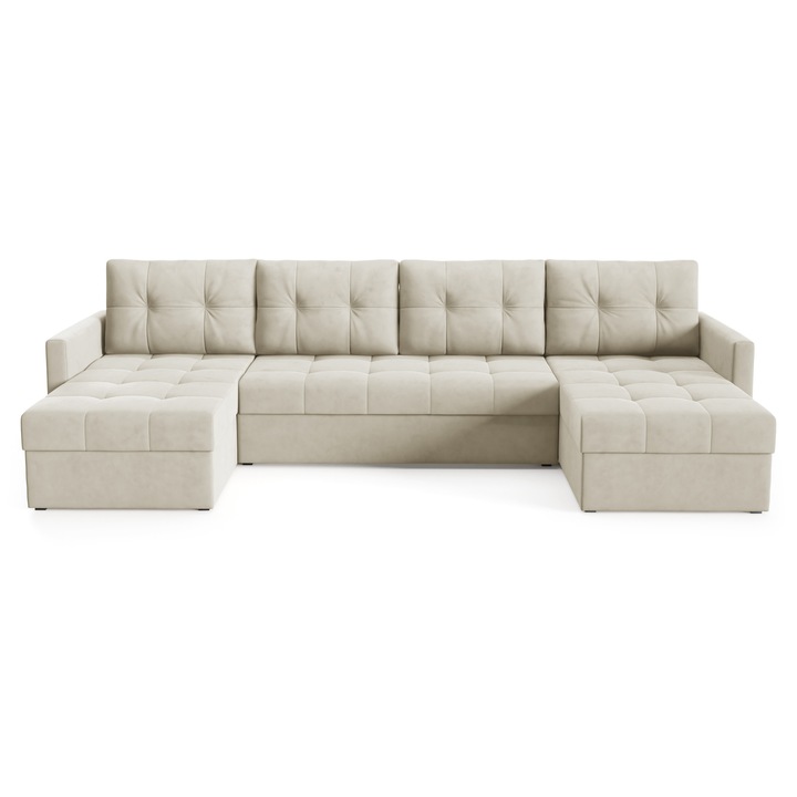 Canapea coltar IVIO, Sofello, functie de somn, 1 compartiment pentru lenjerie, catifea, bej, 301x140x86cm