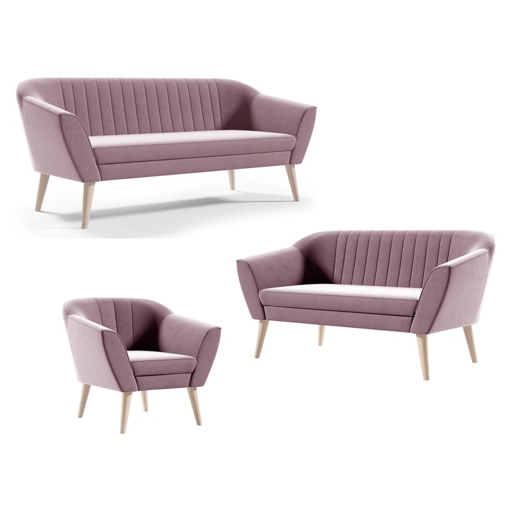 Set 3 canapele KAYA Sofello roz, textil, 180x75x74cm, 140x75x70cm, 80x75x74cm