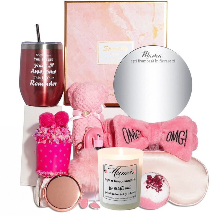Подаръчен комплект за мама, JOYSTOS, с ароматна свещ и персонализирано огледало – пакет с термо чаша, чорапи, маска за сън, лента за глава, розова декорация – Честит рожден ден, признателност и глезене
