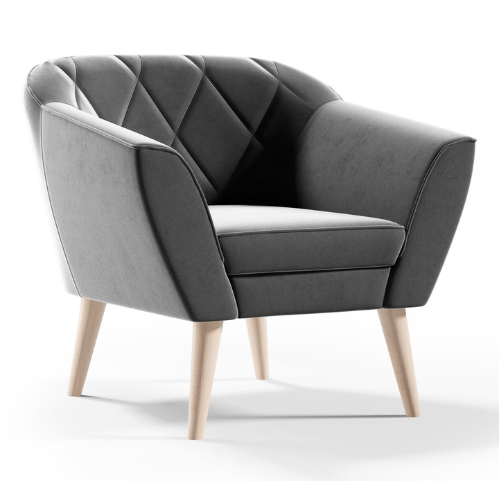 Fotoliu Sofello GLORIA, stil scandinav, gri, 80x75x74cm, cu picioare din lemn de fag