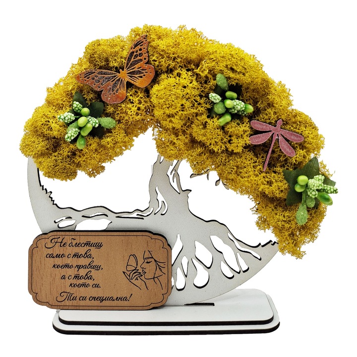 Декоративна картина, Дърво на живота, Със стабилизирани лишеи, Декоративни акценти, Послание "Ти си специален" Уникален подарък за майка, Сестра, Баба, Колежка, Шеф, Леля, Приятелка, Кръстница, Снаха, Съпруга, Бяла, 15 см