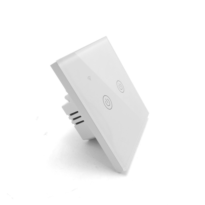 Intrerupator inteligent dublu cu panou tactil din sticla, protocol Zigbee 3.0, compatibil Tuya Smart Life, control lumini, scenarii, automatizari smart home, control vocal Google Assistant si Alexa, necesita hub, Alb