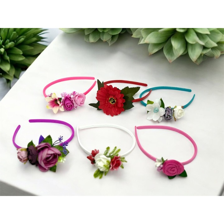 Set 6 coronite fete, decorate cu flori artificiale/matase