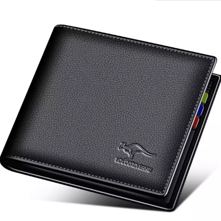 Portofel barbati, Orizontal, Piele naturala, RFID, Compatibil carte de identitate, 2 Buzunare pentru bancnote, 5 Sloturi pentru card, 1 Buzunare cu fereastra, 12x10x1.5 cm, Vanaxalife®, Negru