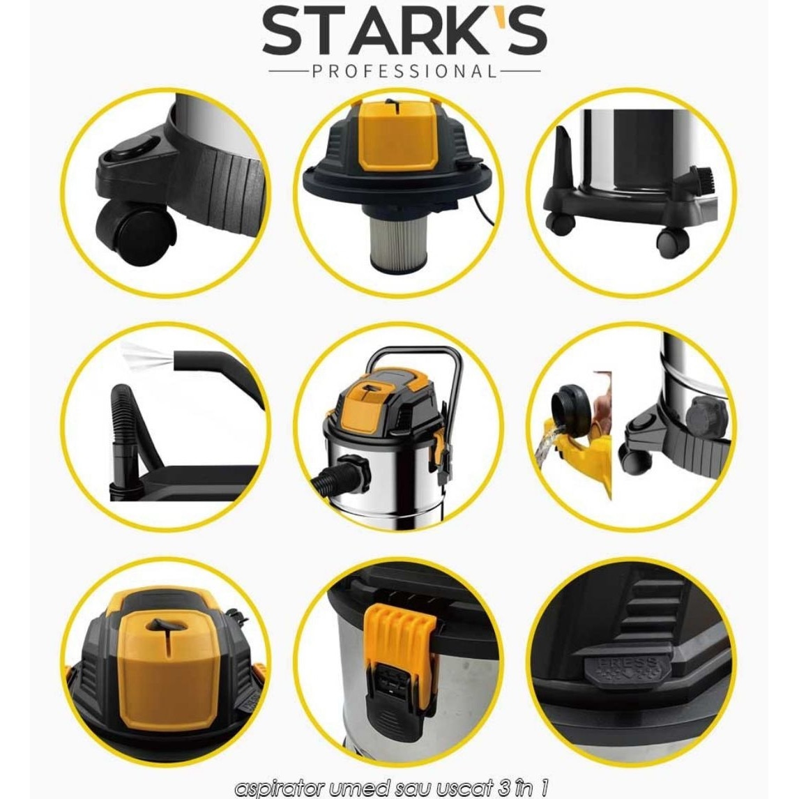 Aspirator 3 in 1 Stark`s Professional, Umed si Uscat, 30L, 1500W, Functia de Suflare, Cablu Alimentare 4, 5 m, Argintiu/Negru