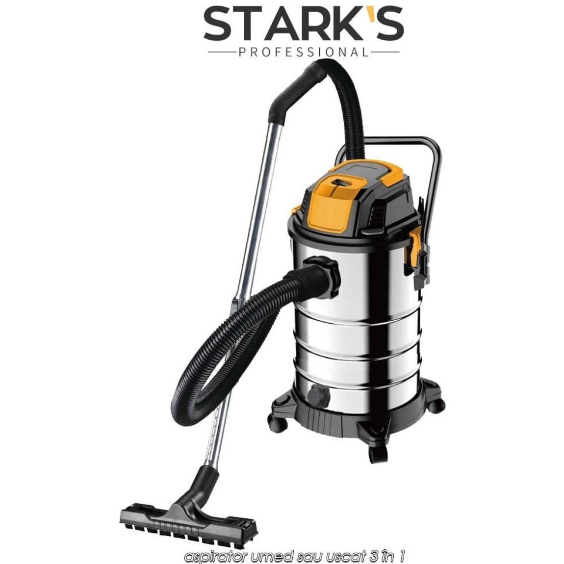 Aspirator 3 in 1 Stark`s Professional, Umed si Uscat, 30L, 1500W, Functia de Suflare, Cablu Alimentare 4, 5 m, Argintiu/Negru