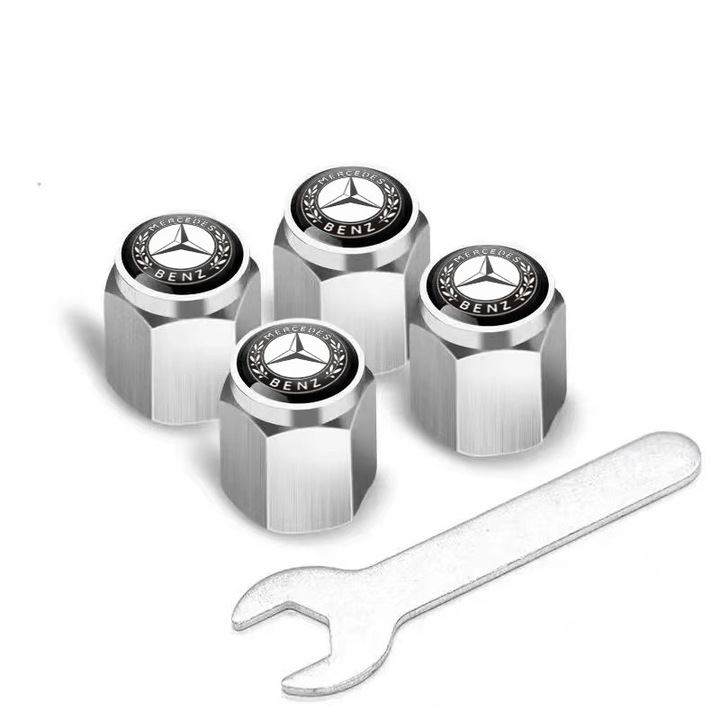 Комплект от 4, медни за газови клапани, капачки за клапани, гуми, Mercedes, шестоъгълни, сребристи, с монтажен ключ