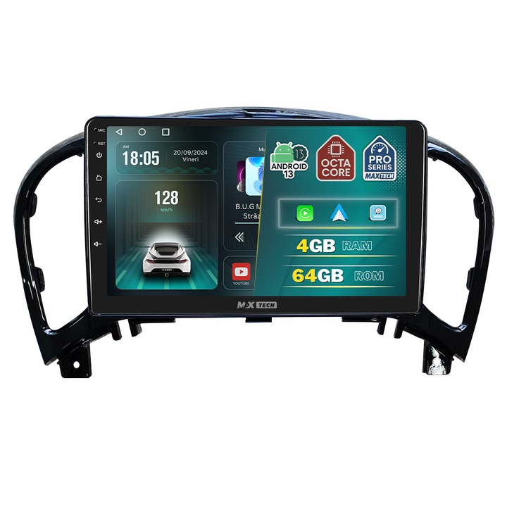 Navigatie Nissan Juke 2010-2014 dedicata, MaxTech® PRO SERIES, 4 GB Ram 64 GB Rom OctaCore, Carplay & Android auto, Ecran 9 ” HD Touch, GPS, Wifi, Bluetooth, Radio, USB, EQ, DSP, Waze, Youtube