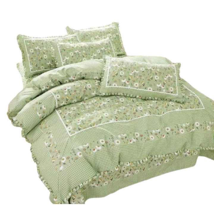 Lenjerie de Lux, Bordura cu Volanase, Finet, 4 piese, 2 persoane, 230x250cm, Imprimeu Floral, Verde Ou de Rata-Alb