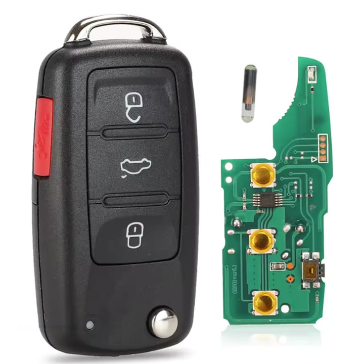 Пълен автомобилен ключ, съвместим с Volkswagen Golf 6, Jetta, Tiguan, Passat, CC, Polo, Touran, Caddy, Eos, Scirocco, Beetle, Sharan, 3 бутона, 433 MHz, FCC ID: 5K0837202AE, Transponder ID48