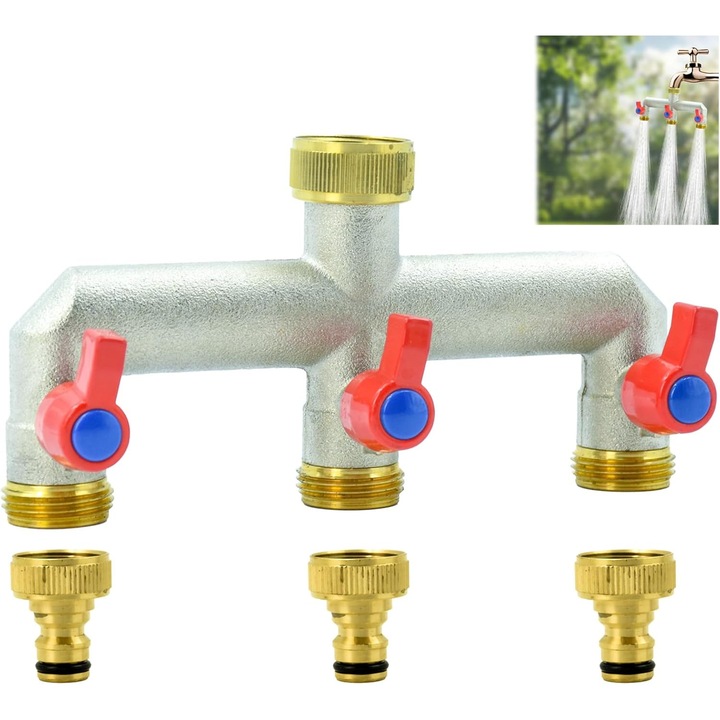 Distribuitor de apa din alama cu 3 cai Adaptor pentru robinet de gradina in aer liber Piese si fitinguri pentru furtun de irigare 3/4 robinet pentru irigare gradina, Pompa de stropit 1500 ml