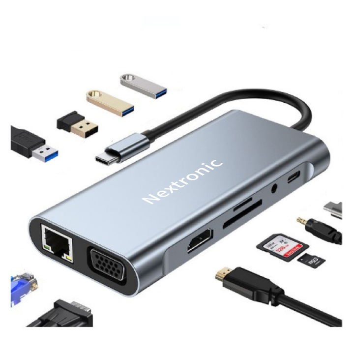 Докинг станция USB C 14 в 1, 1x 100Mbps RJ45, 2x 4k HDMI, 1x Display Port, 3x USB 3.0, 2x USB 2.0, 1x TypeC порт за данни, 1x TypeC PD порт, 1x AUX порт, 2x SD/TF, RikBo