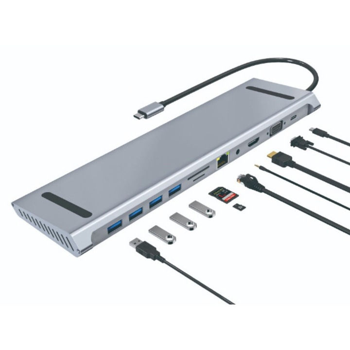 Докинг станция USB C 14 в 1, 1x 100Mbps RJ45, 2x 4k HDMI, 1x Display Port, 3x USB 3.0, 2x USB 2.0, 1x TypeC порт за данни, 1x TypeC PD порт, 1x AUX порт, 2x SD/TF, RikBo®