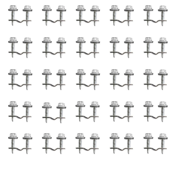 Set 25 cleme prindere policarbonat pe plasa bordurata, zincate, 12x1.5 mm, EmaConstruct, cu 2 suruburi autoforante zincate 4.8x25 mm