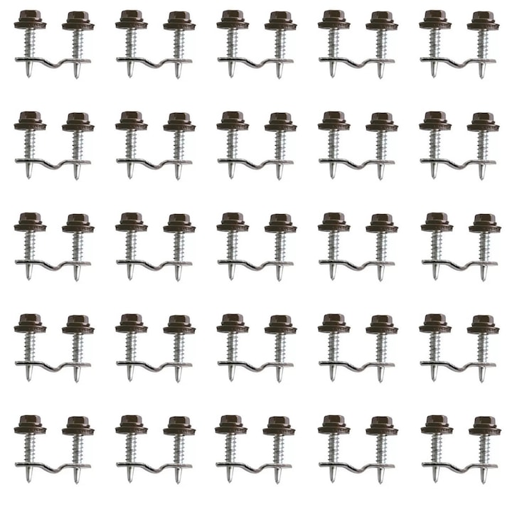 Set 25 cleme prindere policarbonat pe plasa bordurata, maro, 12x1.5 mm, EmaConstruct, cu 2 suruburi autoforante zincate 4.8x25 mm