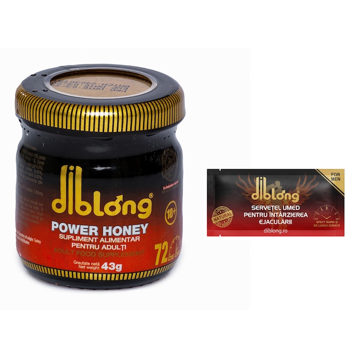 Set Afrodisiac premium concentrat DIBLONG POWER HONEY, Unisex, pentru cresterea libidoului, potenta, erectie si anti ejaculare precoce, 100% natural, 43gr + 1 servetel DIBLONG DELAY TOWEL