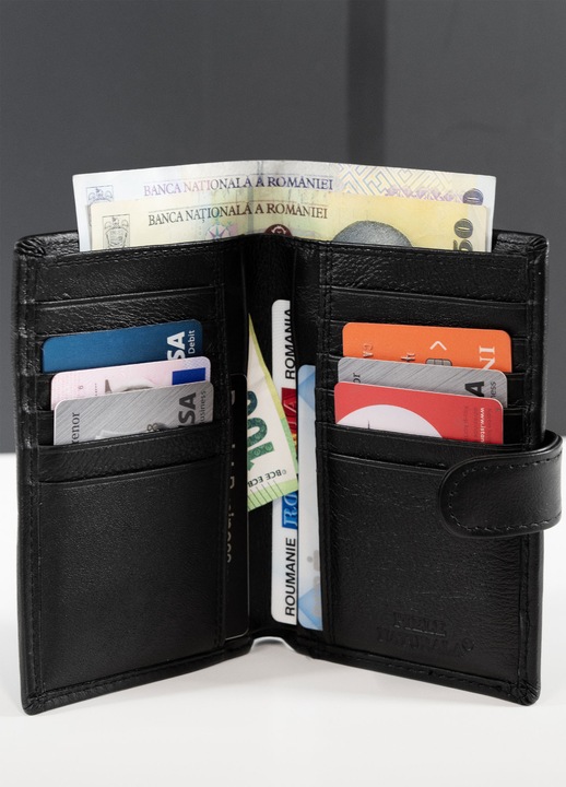 Portofel barbati piele naturala, Multi-compartimentat, talon masina, carte de identitate, permis, bancnote, PARUNIV, Negru inchis