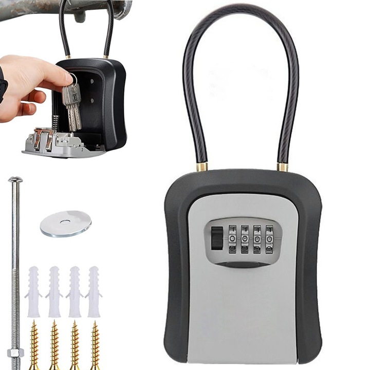 Cutii pentru Chei, 23×11.5×4cm, cu Cod Mecanic din 4 Cifre, Amovibil, Poate fi montat pe perete, Poate fi atarnat, Aliaj de Aluminiu, Impermeabila, Metalica, Negru