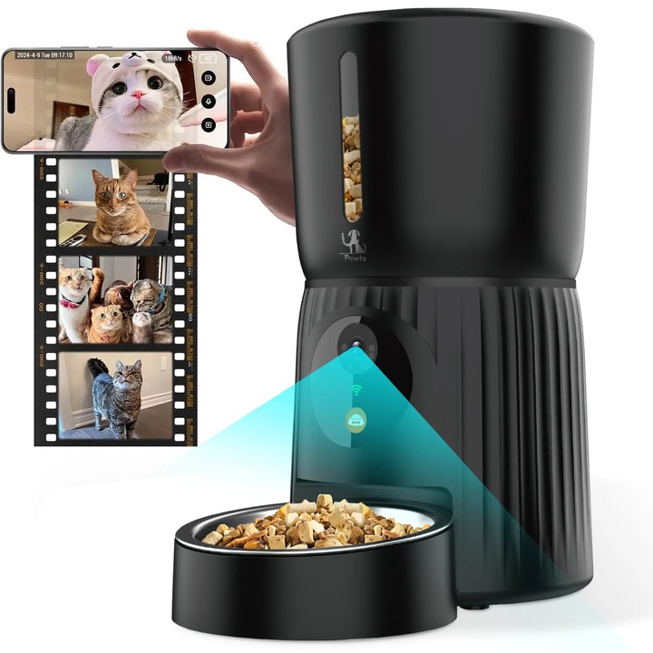 Dispenser automat WiFi pentru caini si pisici, S-Home, negru, 4L cu camera video, control prin aplicatia Tuya